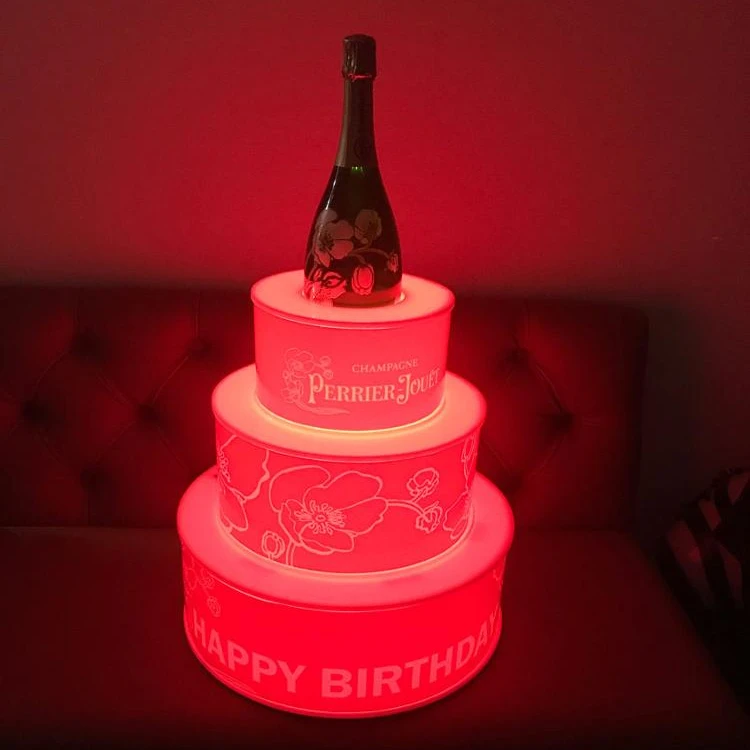 3 Tiers Glowing Wrapped Happy Birthday LED Cake Display Stand with Bottle Presenter Holder for Party Night Club