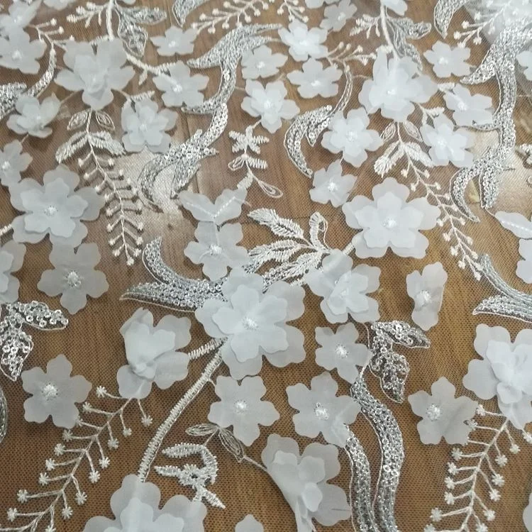 Wholesale White Double Layer 3D Flower Fancy Embroidery Lace Fabric Embroidery Textile For Wedding Dress