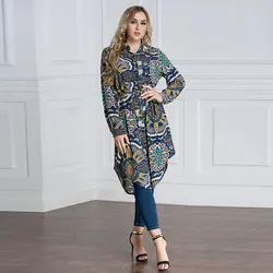 Factory Price Long Sleeve Tops Islamic Clothing Ethnic Floral Printed Muslim Lady Blouse Long Shirts