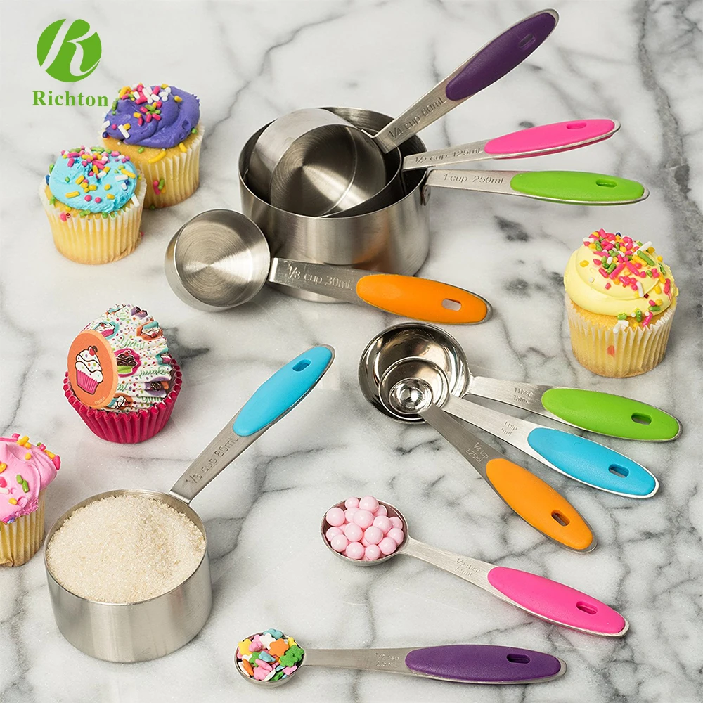 Лидер продаж, оптовая продажа, мерная чашка и ложка из нержавеющей стали с силиконовой ручкой, набор из 10 штук