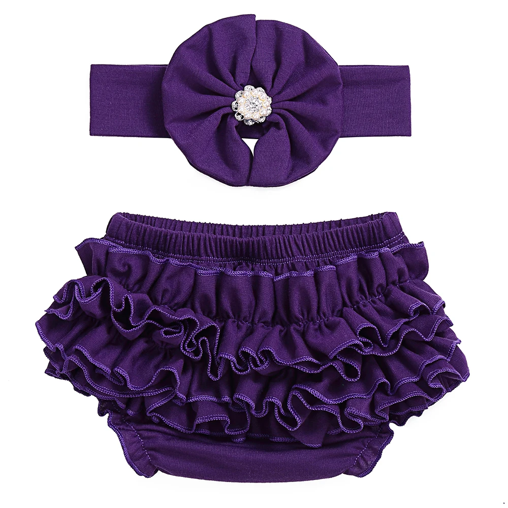 Multiple colors for choice wholesale soft cotton baby ruffle bloomers with headband