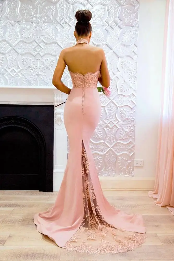 Women Sheer Halter Neck Sleeveless Evening Prom Dress 2019 Mermaid Satin Evening Dress
