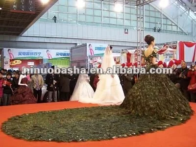 NW260 Noble Boutique Embroidery Bodice with Stunning Peacock Feather Skirt Wedding Dress