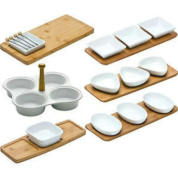 Wholesale white tapas snack serving ceramic dish with wooden tray