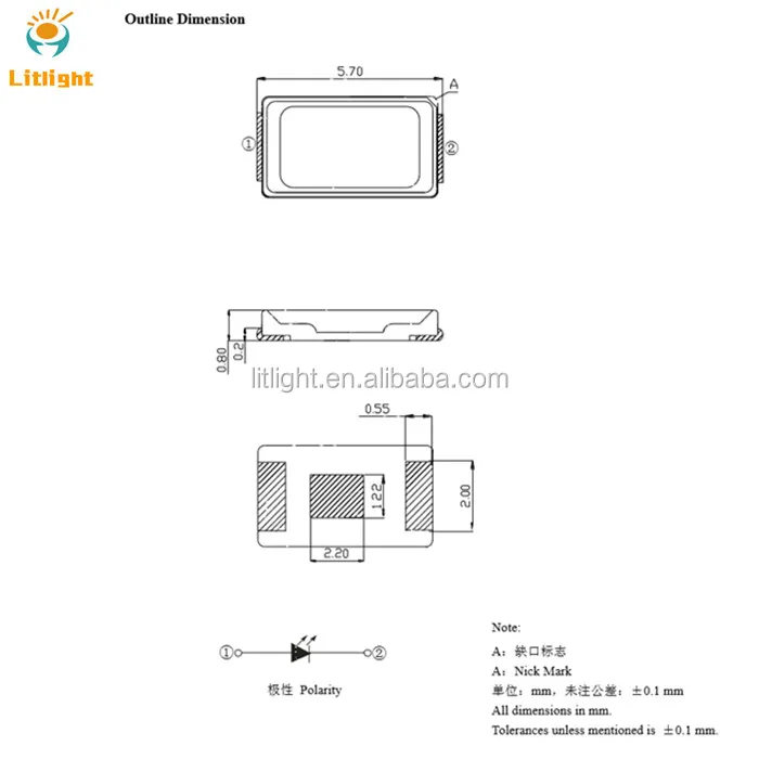 SMT PLCC-2 Epistar Epileds Sanan Chip 585nm 590nm 592nm 595nm Yellow, 620nm 625nm 630nm Red, 0.5W 5730 SMD LED diode Datasheet