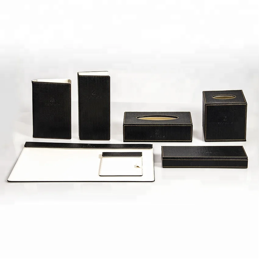 Factory Black Leather Hotel Accessories Desk Set High Quality Business Office Set