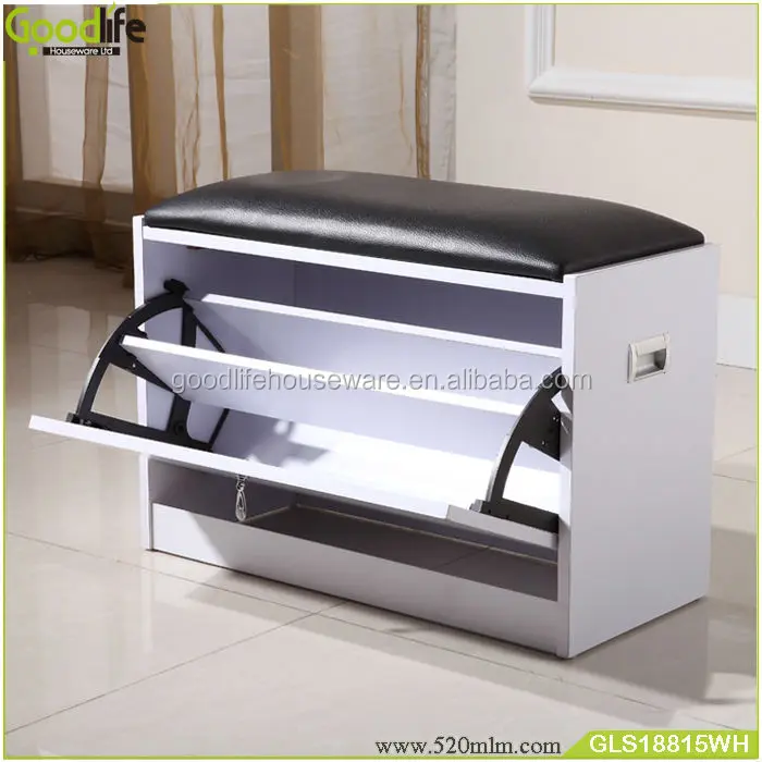 Traditional wooden seat with leather cushion  folding shoe stool