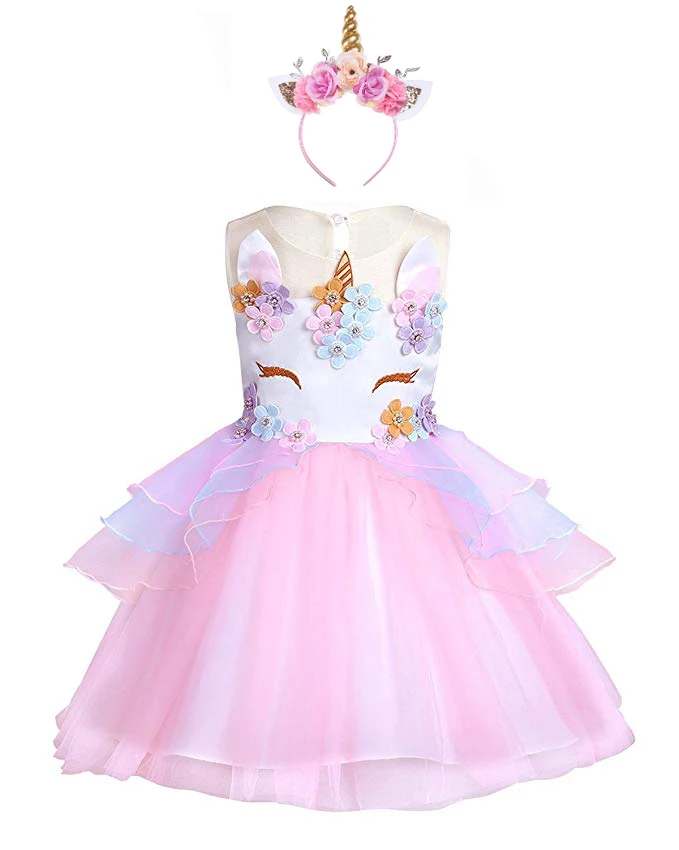 Baby Girl Unicorn Costume Pageant Flower Princess Party Dress with Headband