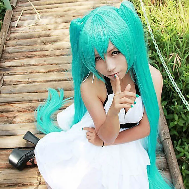 Synthetic long cosplay wig with 2 ponytail miku cosplay wig
