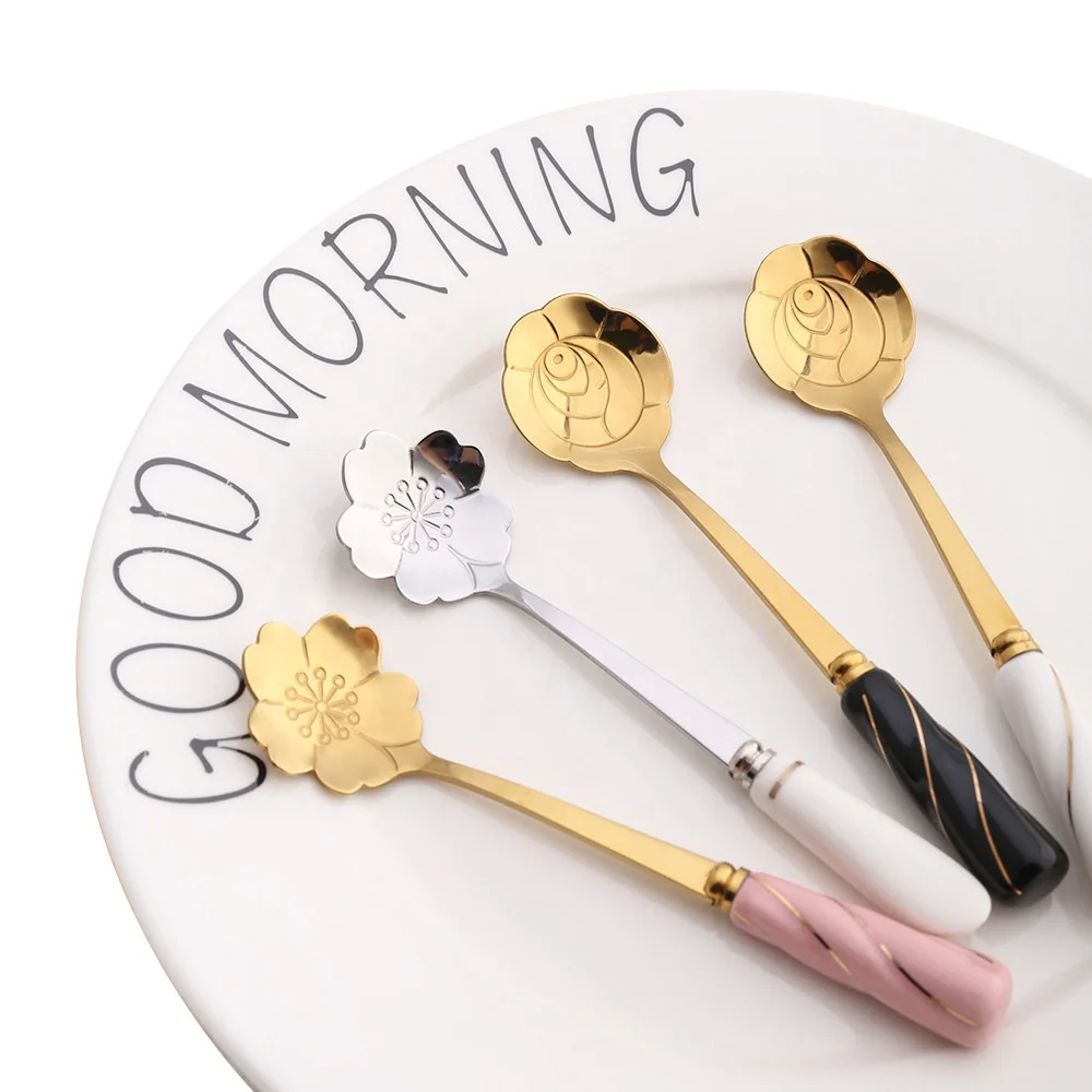 Ceramic handle Mug flower milk/tea/ coffee stirring spoon Golden Cherry rose spoon flower gift spoon