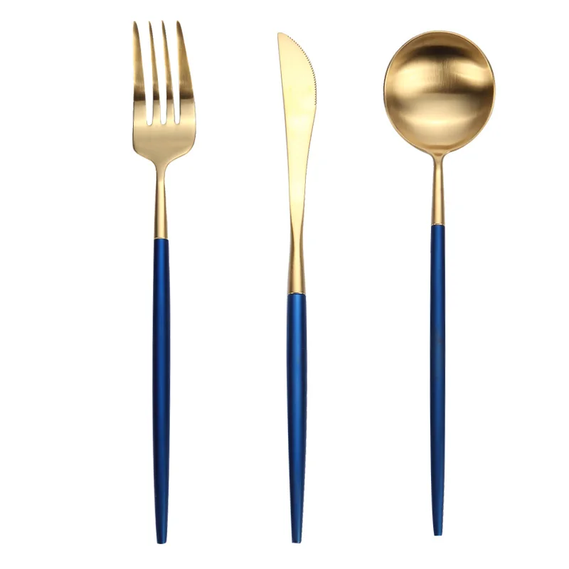 30% OFF Cupitol Style Matte Gold Knife&Spoon&fork Set with Bule Handle Portuguese Design Retro drawing knife and fork