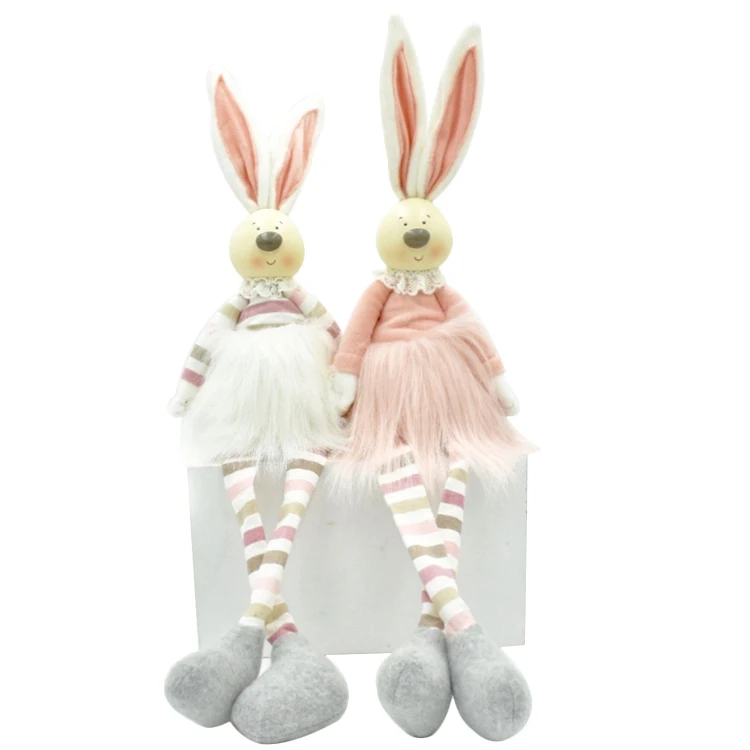 Easter Decoration Gifts Pink Plush Rabbit Figure Shelf Sitter Stripe Fabric Craft Home Decor Couple Bunny With Resin Head