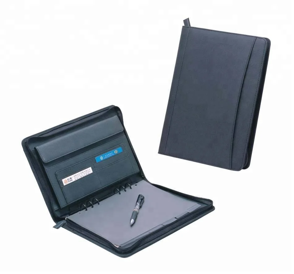 
High Quality Office Conference Zipper Black PU Leather Business A4 Portfolio Folder 