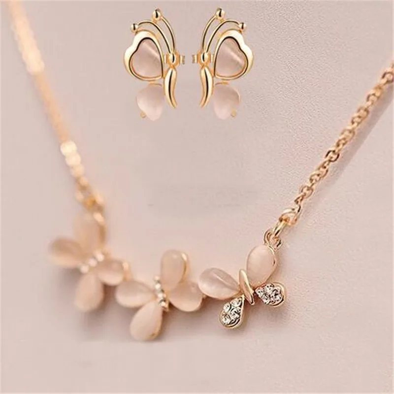 Wholesale Women Fashion Jewelry opal butterfly necklace and earring woman jewelry set