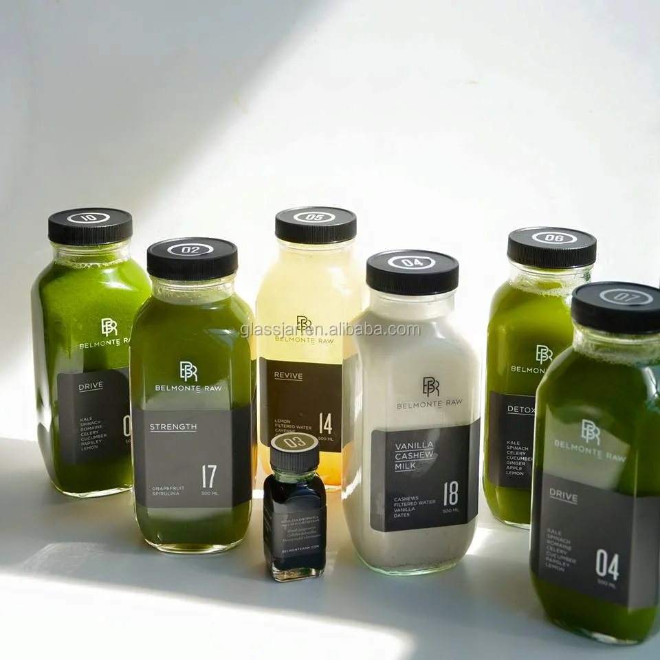250ml and 300ml and 500ml 8oz and 10oz and 16oz plastic cap french square  clear Glass Bottles  for fresh cold pressed juice