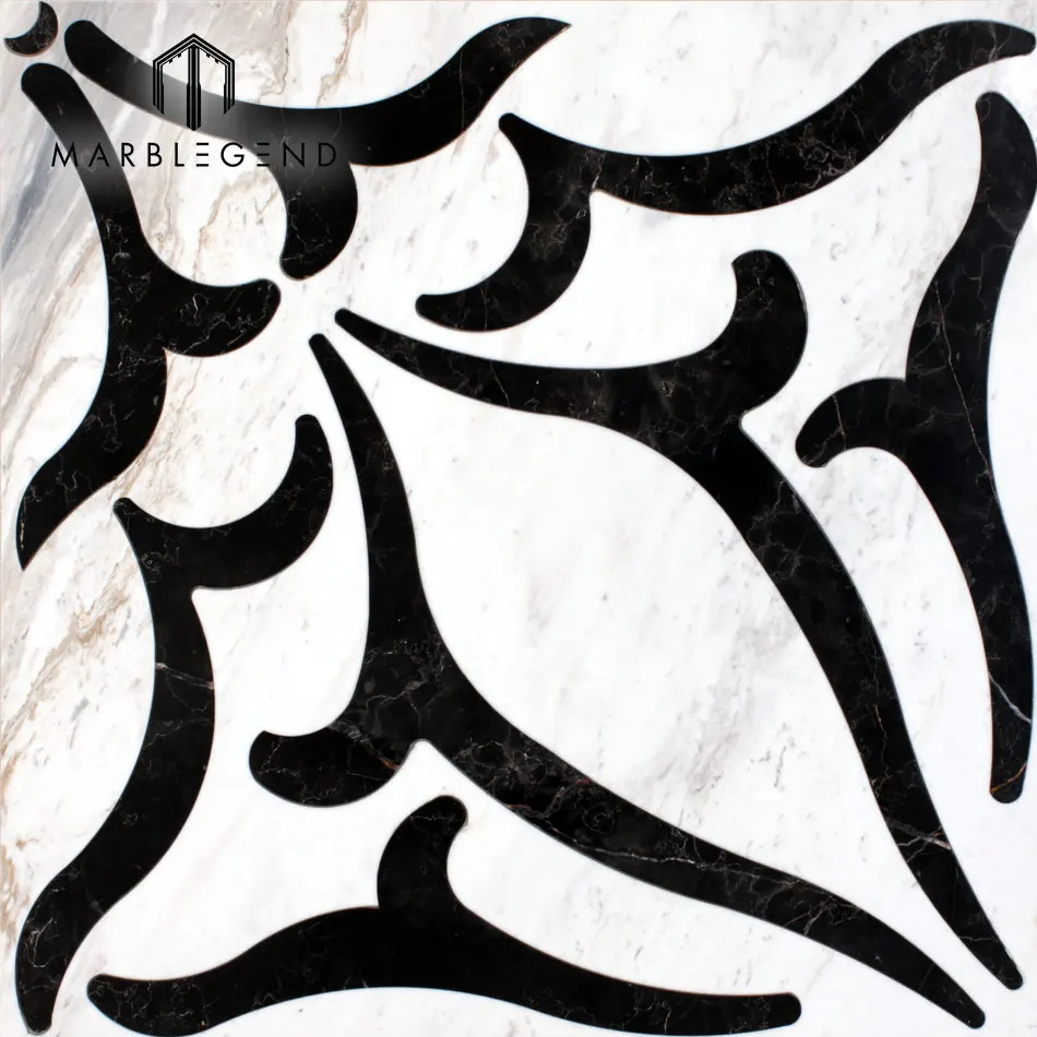 Black and white wave pattern Waterjet laminated Marble inlay Floor Medallion