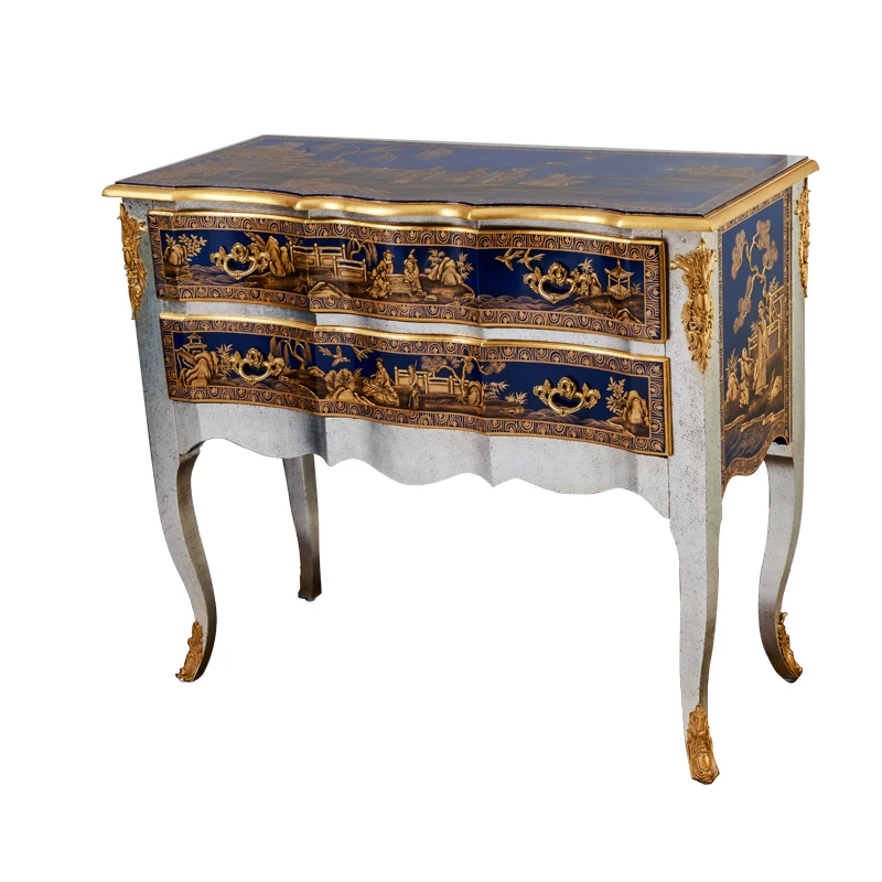 Furniture End Table Two Drawer Side Table Console Desk and Blue Silver Color Bird Painting Living Room Entryway Wooden Antique