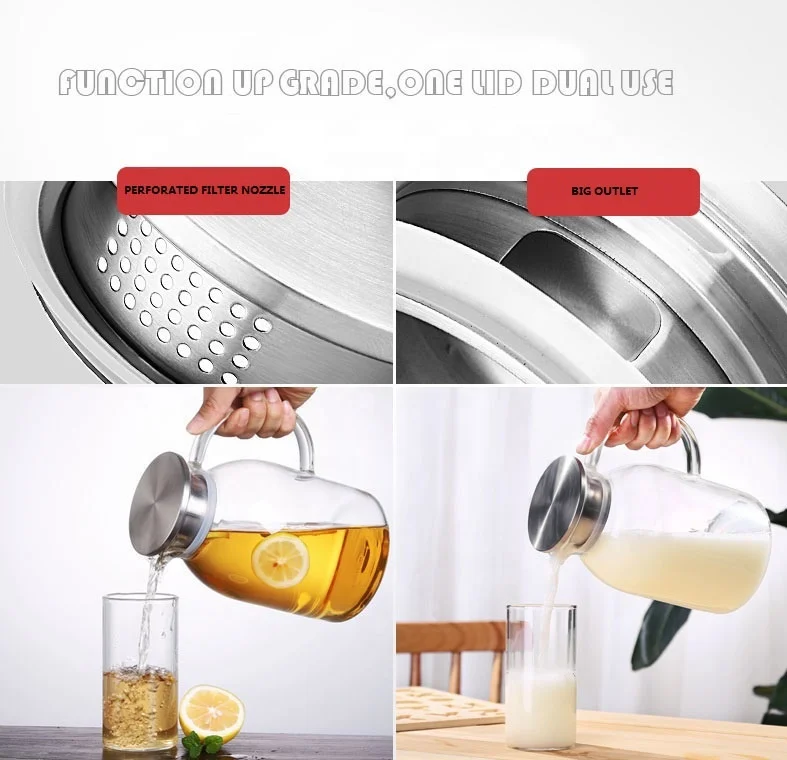 1500ml Heat-resistant Borosilicate Glass Pitcher With Stainless Steel Lid Hot or Cold Water Jug