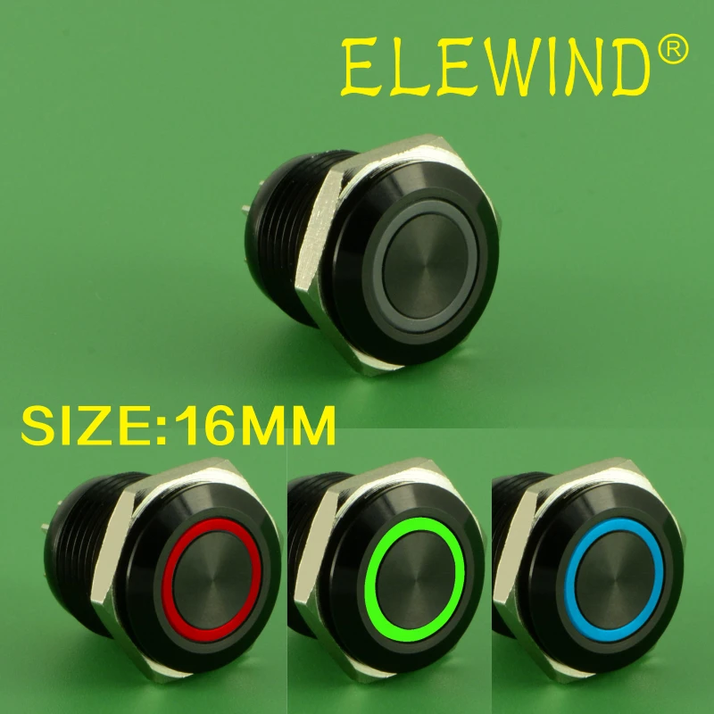 ELEWIND 16mm Black RGB color ring illuminated push button switch(PM161F-10E/J/RGB/12V/A 4pins for led)