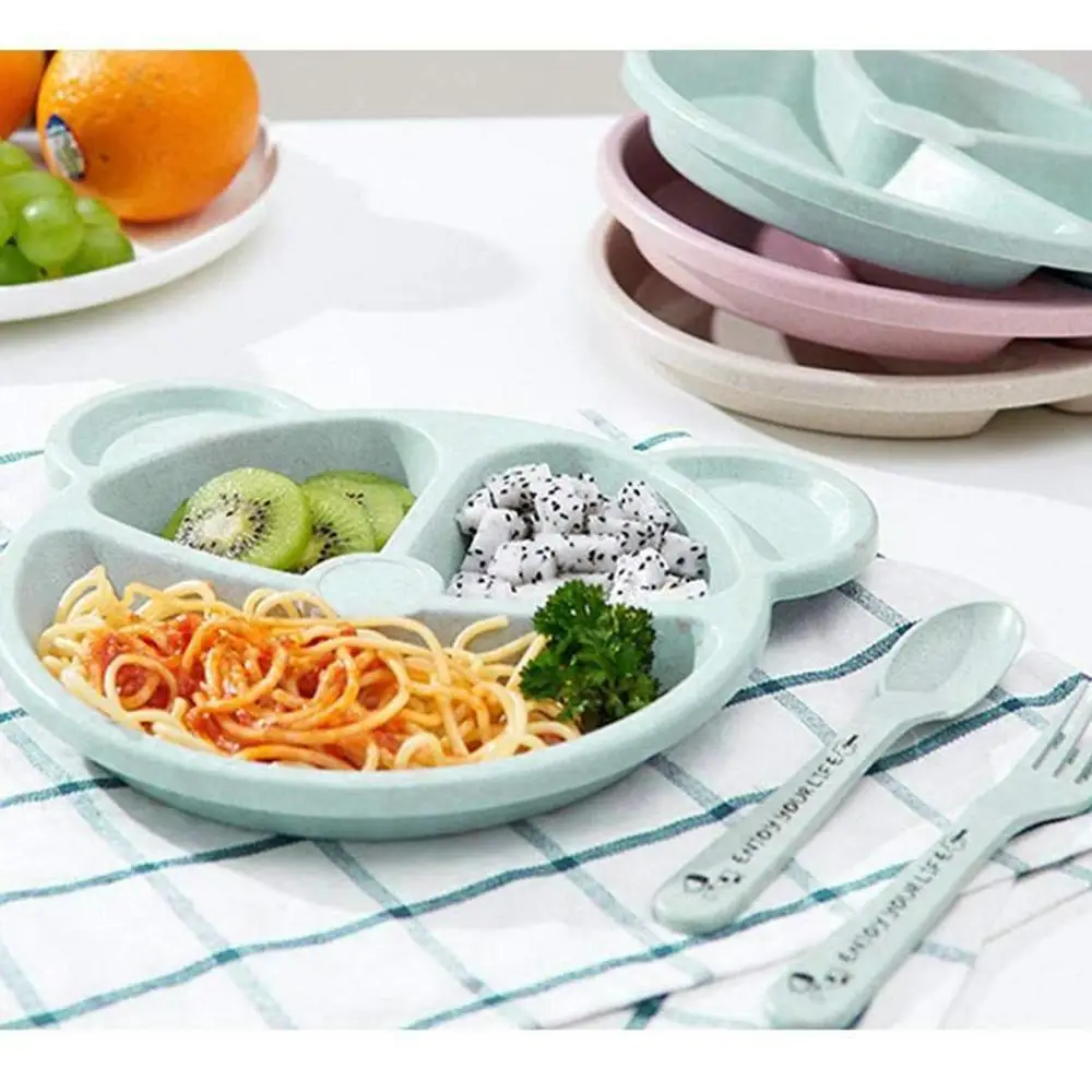 Healthy eco-friendly wheat straw divided plates set 3 with spoon and fork dishwasher for baby feeding, kids &children &toddler