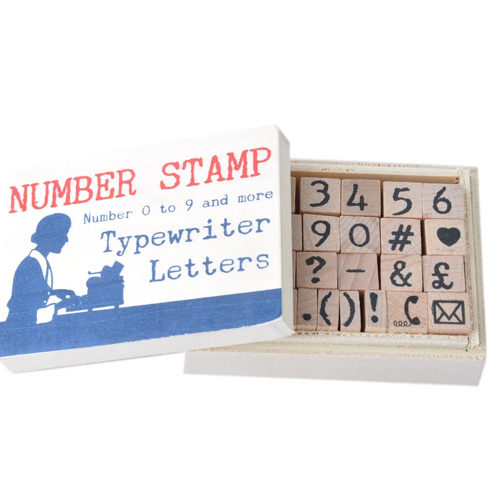 number 0 to 9 and typewriter letters wood rubber stamp set
