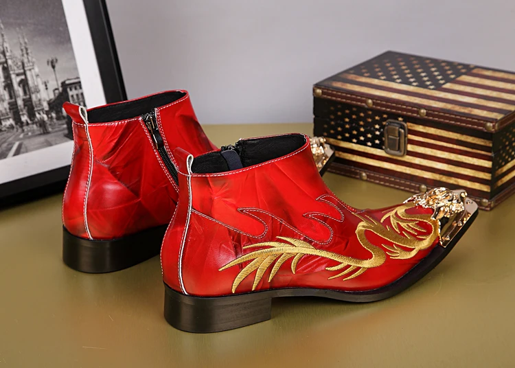 NA038 Fashion classic pointed toe men genuine leather Red Black Ankle boots Men Height Increased embroidered dragon Boots