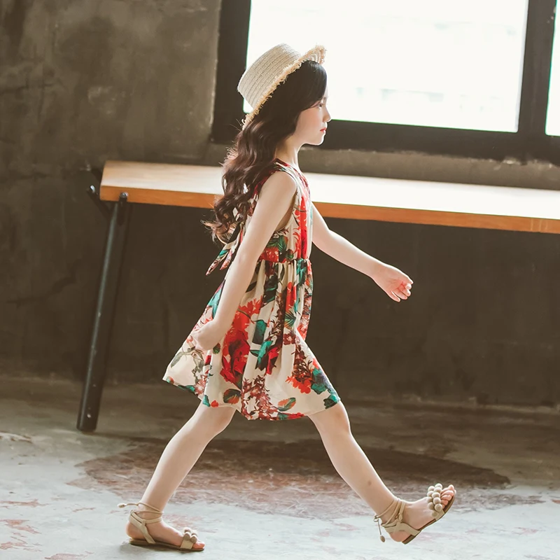 
Boutique lovely flower printed sleeveless summer girls party dresses children outfit kid wear 
