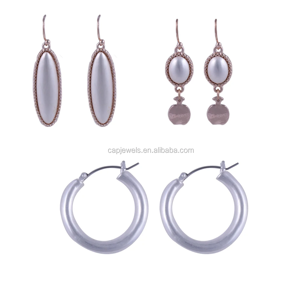 New arrival 3 pairs Alloy earring set with beaded texture and matte finish hoop for women
