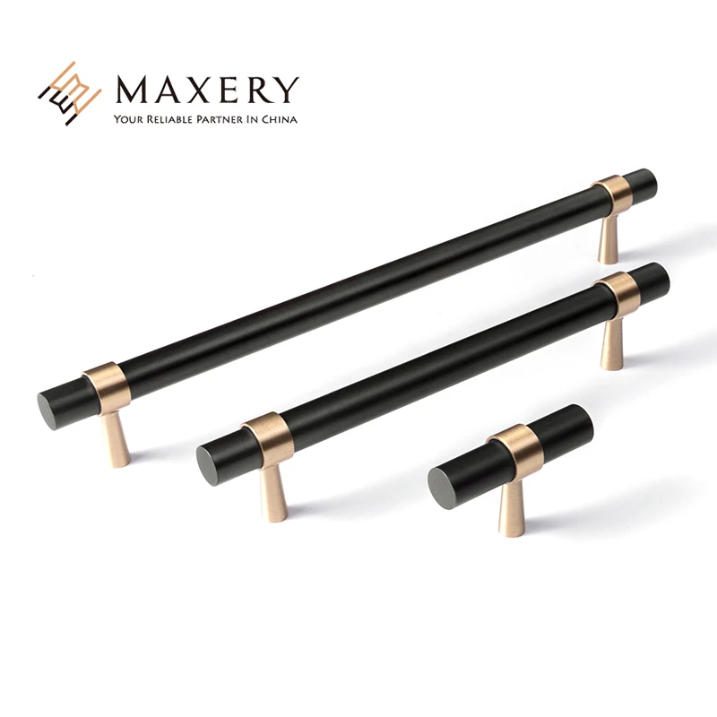 New Design Black T Shaped Solid Brass Cabinet Handles and Knobs Kitchen Long Handle Pulls