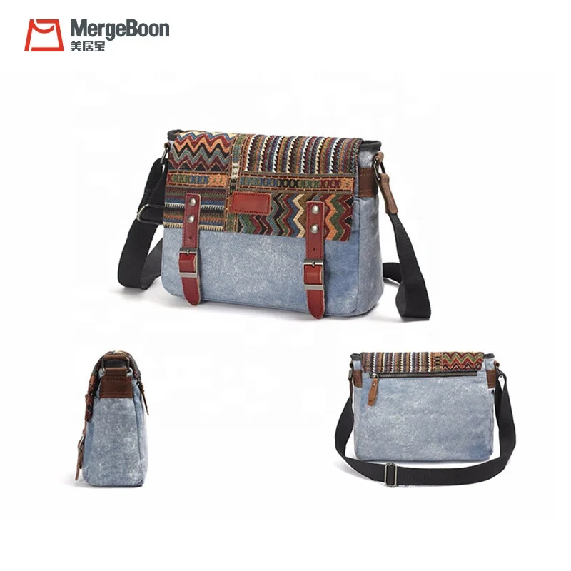 Mergeboon custom  vintage folk style canvas messenger bag for women