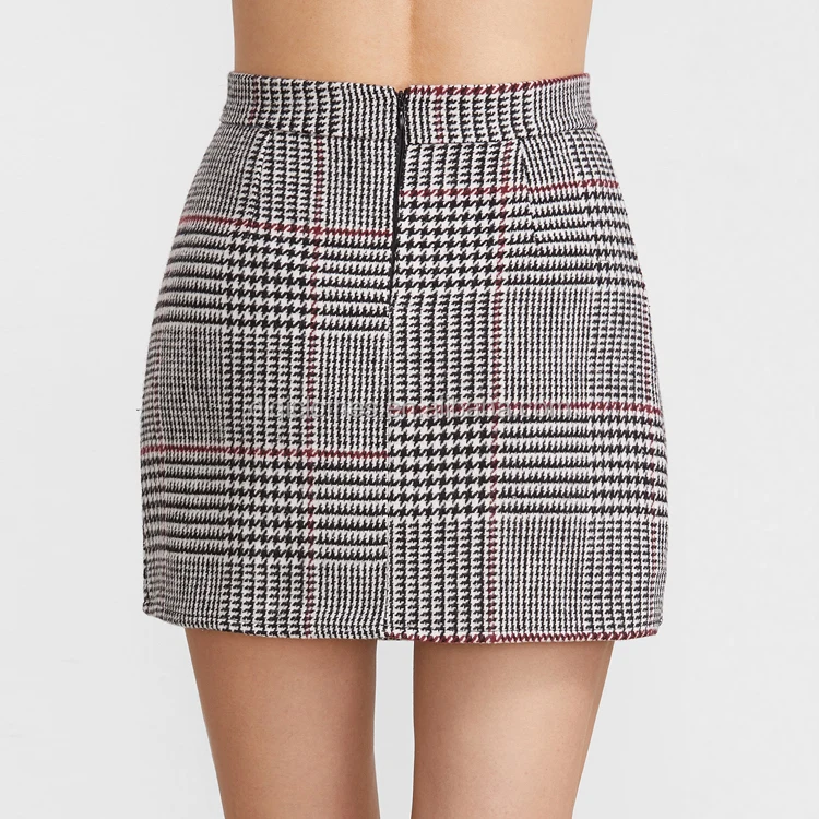 2017 Latest designs factory wholesale price fashion Houndstooth Plaid Buckle Trim lady short Skirt