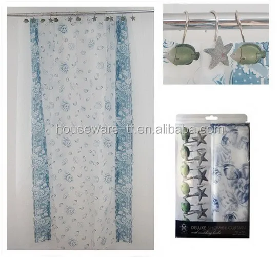 Plastic Shower Curtain with Hooks Set of 13 Hot Sale Ocean Design PEVA Shower Curtain  with Resin Hooks Set of 13
