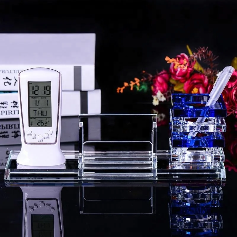 Multi-functional Pen Holder Four In One Brush Pot K9 Crystal Electronic Alarm Clock Desk Pen Holder For Office Business