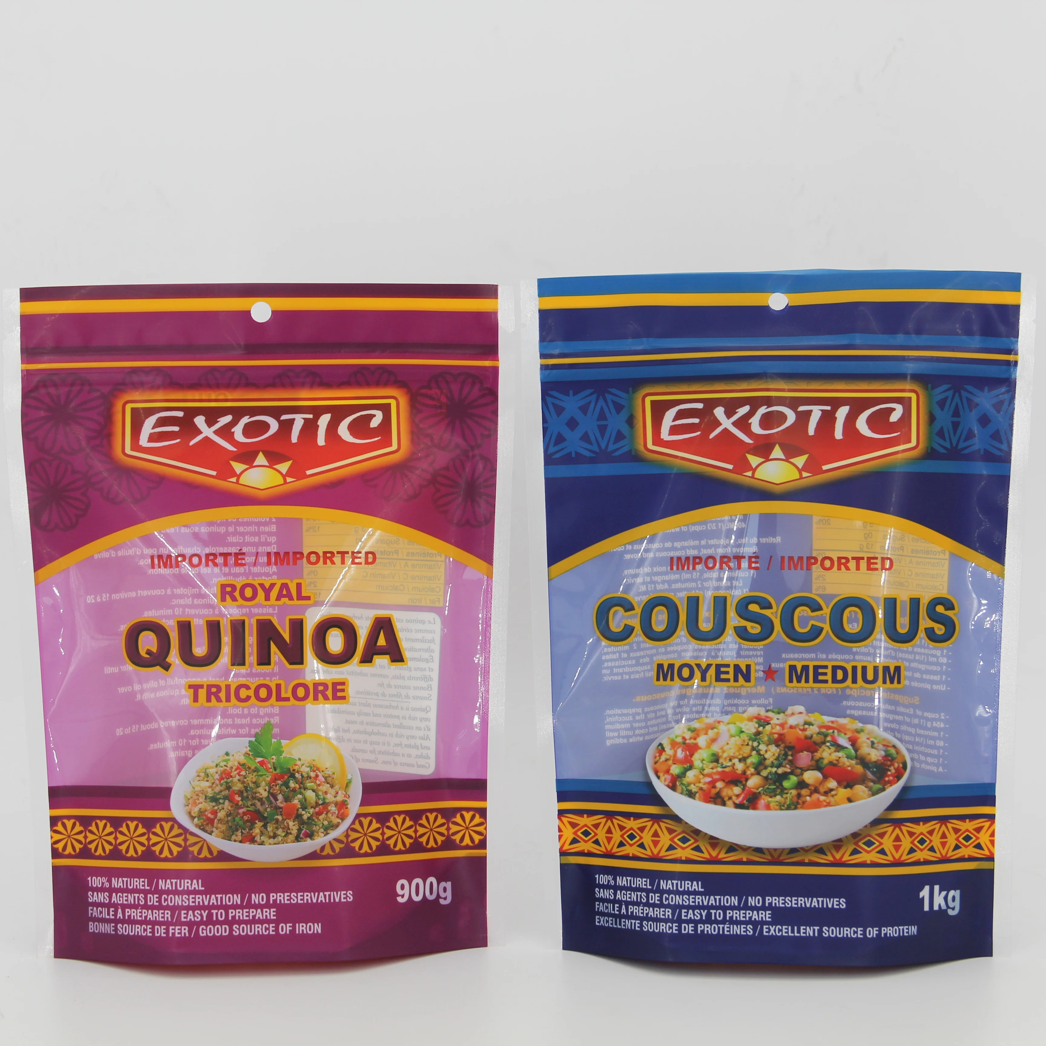 Heat seal couscous and quinoa clear transparent plastic food packaging mylar ziplock bag with window