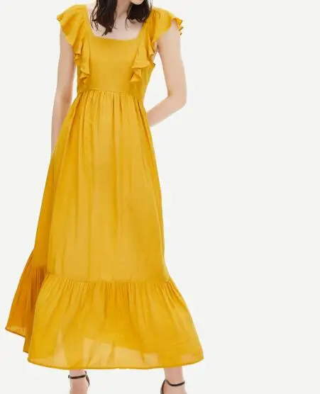 lasted design women ruffles sleeve yellow dress tie back  midi dress