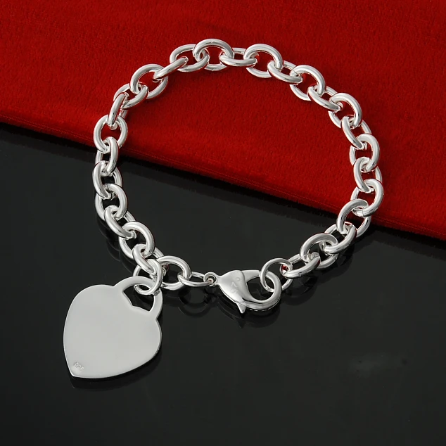 Round Link Chain Bracelet w/ Polished Heart Lock Charm in 925 Sterling Silver