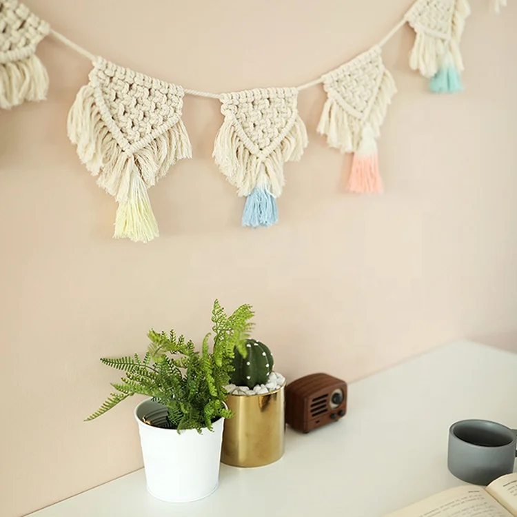 
Handmade cotton hanging bunting flag with macrame for decoration 