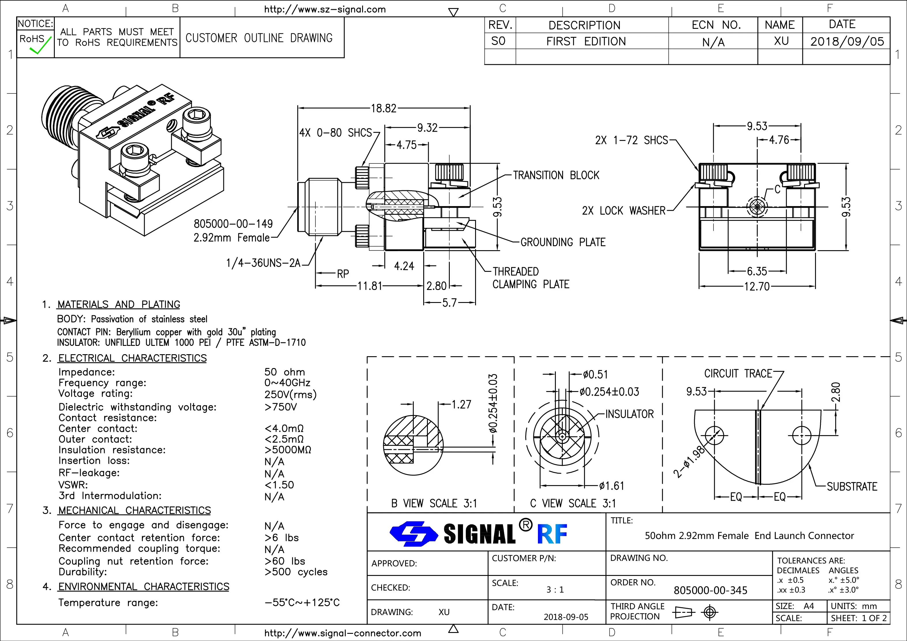 40GHz, 2.92mmK Female Microwave Connector, Clamp/Solder Captive Contact Attachment End Launch PCB, Removable End Launch