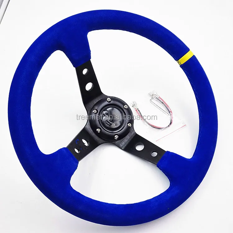 350mm 3 Inches Deep Dish 6 Hole Racing Steering Wheel Black Leather Yellow Pointer with Horn Button