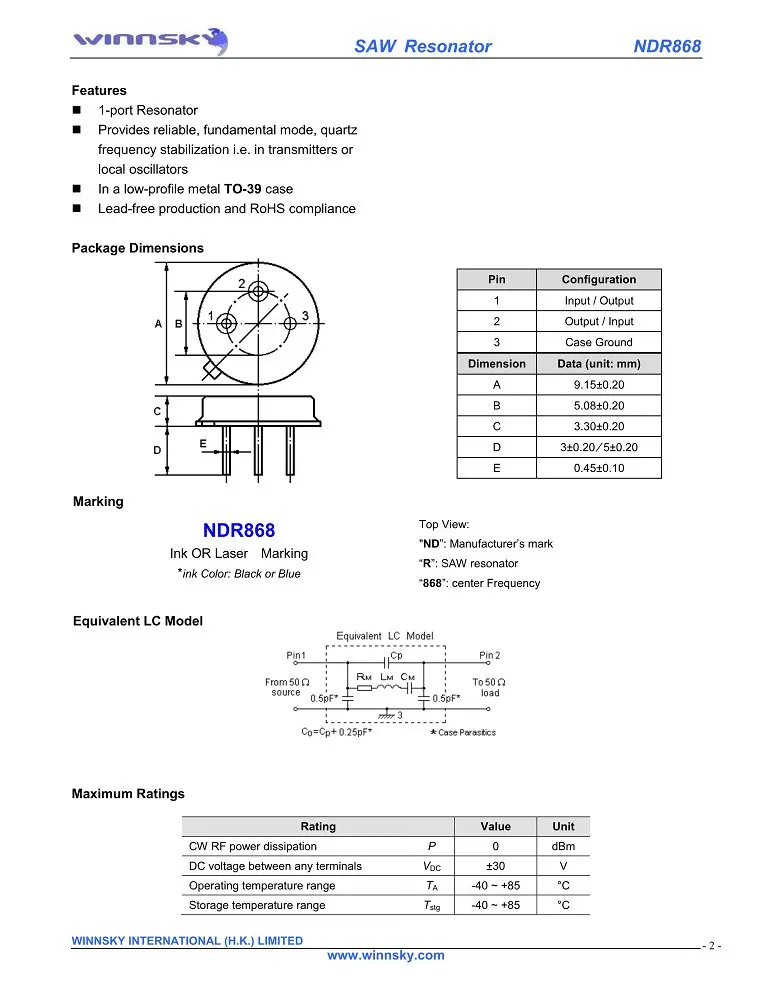 Высокая производительность 868 мГц TO39 корпус один порт ПАВ резонаторы