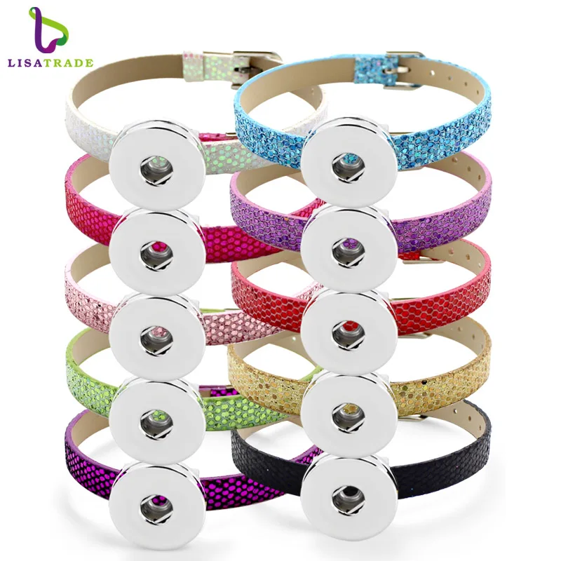Wholesale 8mm Glint PU Leather snap button Bracelet DIY Personalized Wristband Fit Slide Letter Charm ,Accept Custom Bracelet