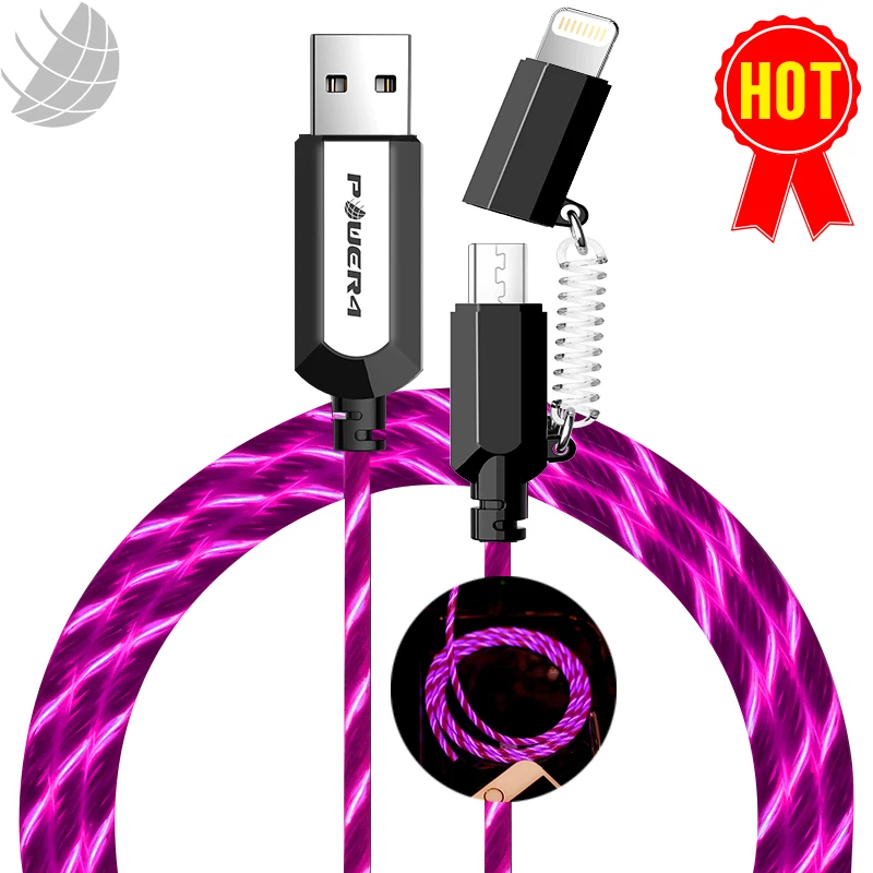 
2 in 1 EL intelligent visible glowing mobile usb charger for iPhone and Smartphone Smart charging streamer data cable 