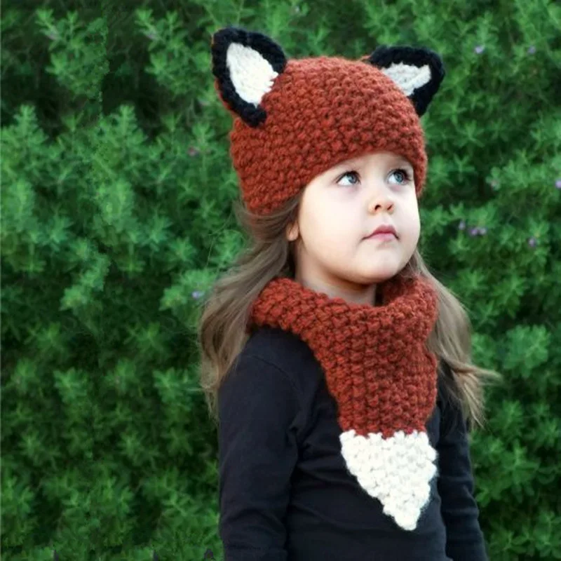 Winter warm cute baby fox cowl hat scarf