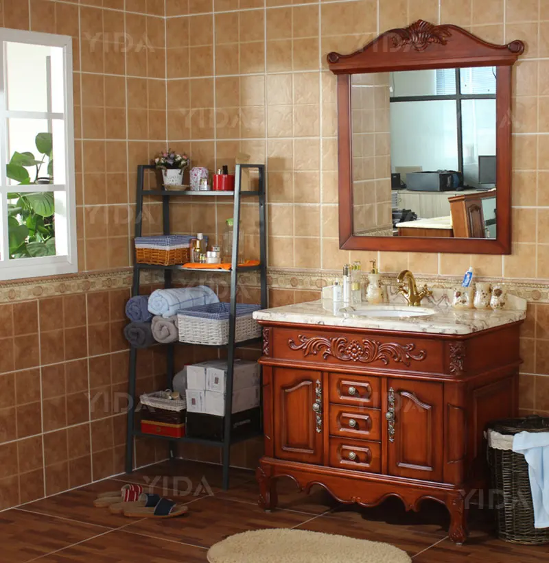 Foshan factory waterproof wood antique bathroom cabinet solid wood classic bathroom vanity cabinet