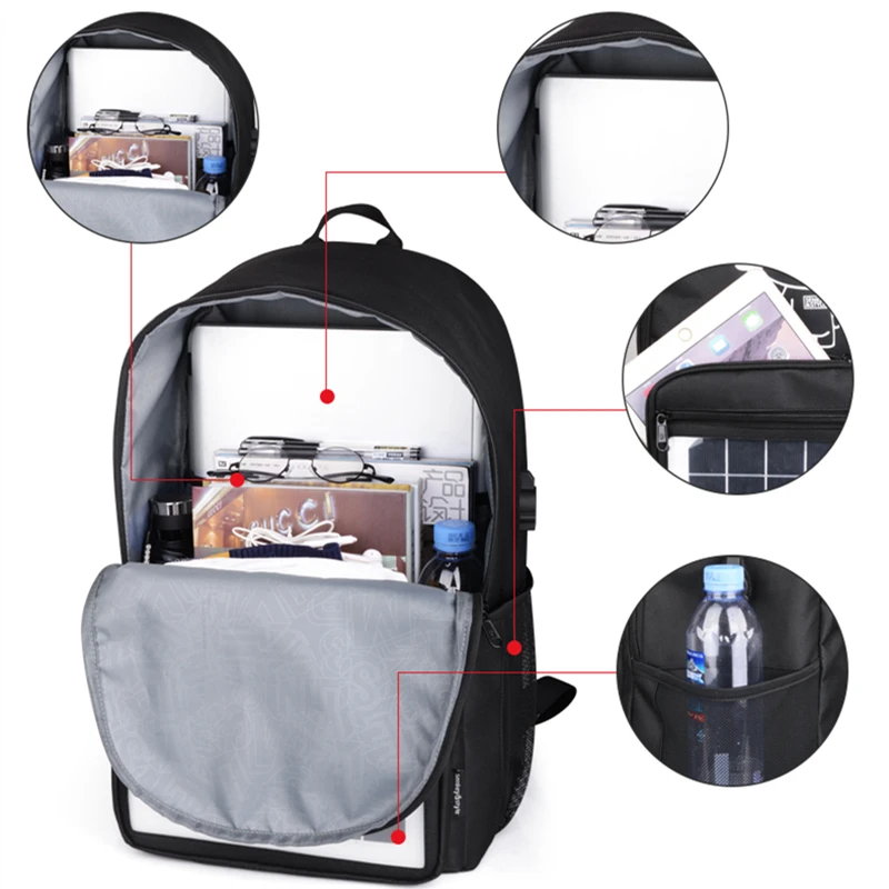 Black Anti-Theft Outdoor Water Resistant Luminous Logo Solar Panel Backpack With USB Charger