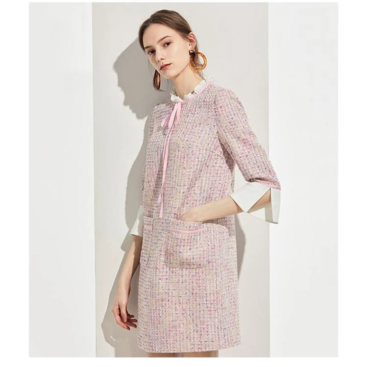 Office ladies Ruffle Round Neck Bell sleeves Pink Tweed knee-Length Fashion Dress