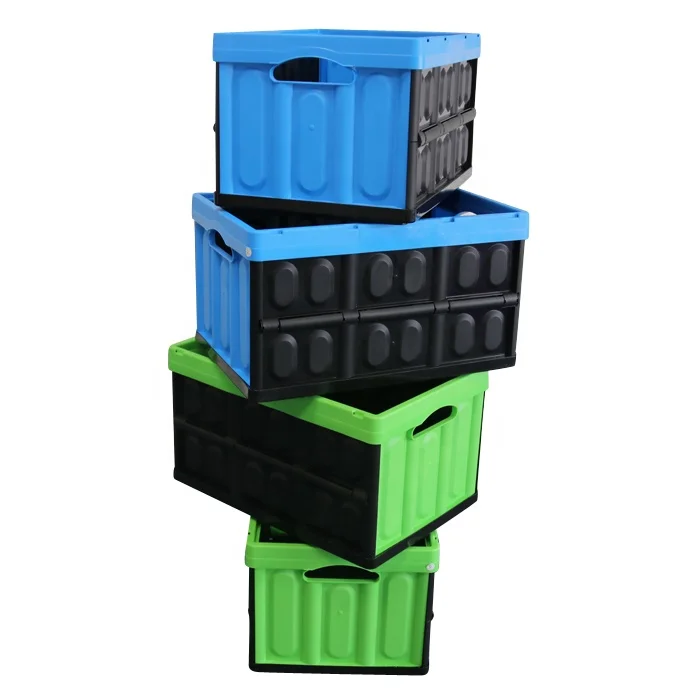 QS 605*305*237mm 57L PP Folded Collapsible Crate Plastic Storage Stackable Box Hinged Lid with Handle Plastic Collapsible Crate
