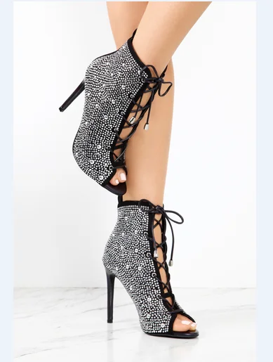 Women gender ankle boots fashion rhinestone stiletto boots front lace up peep toe ankle boots for women