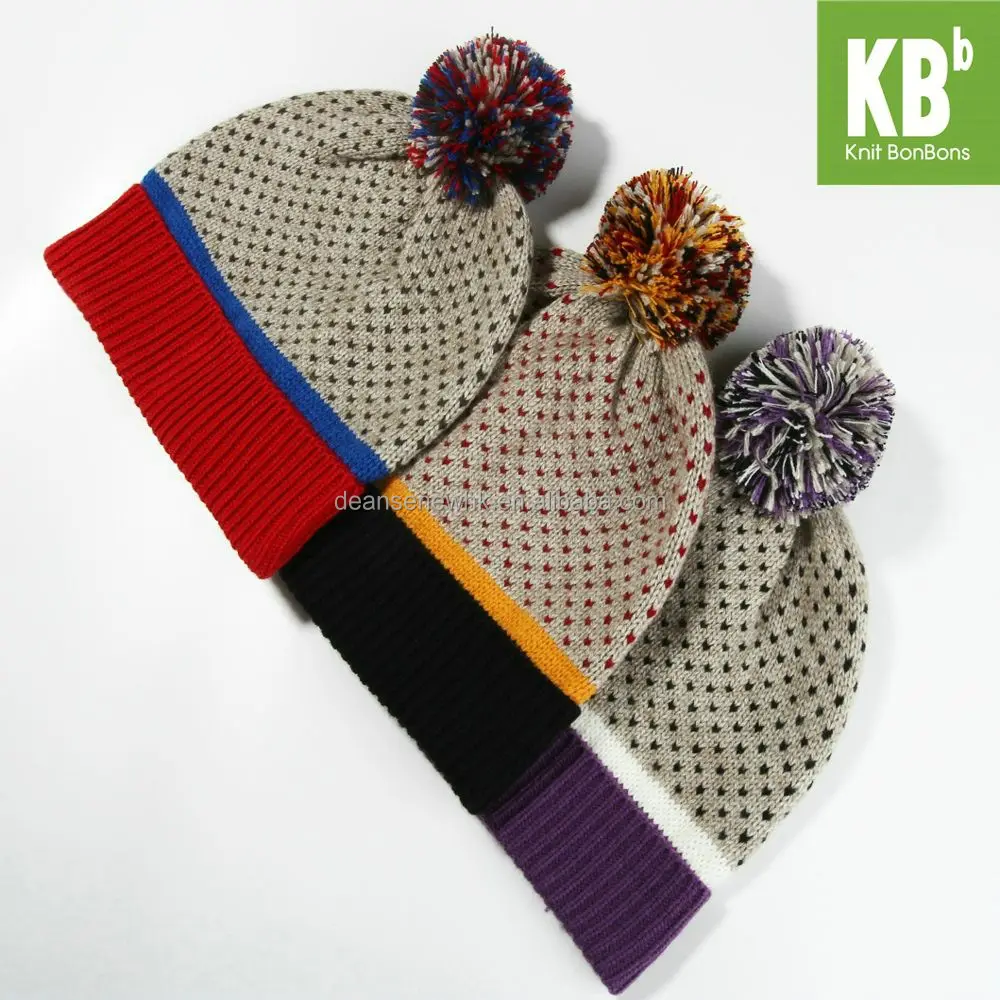 European Handmade Customize 80% Acrylic 20% Wool Fall Winter Warm Adult Women Teen Girl Dotted Black Knit Pom Pom Beanie Hat
