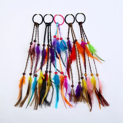 New Fashion Colorful Feather Braids Pendant Girl Elastic Tied Hair Rubber Band with Beads
